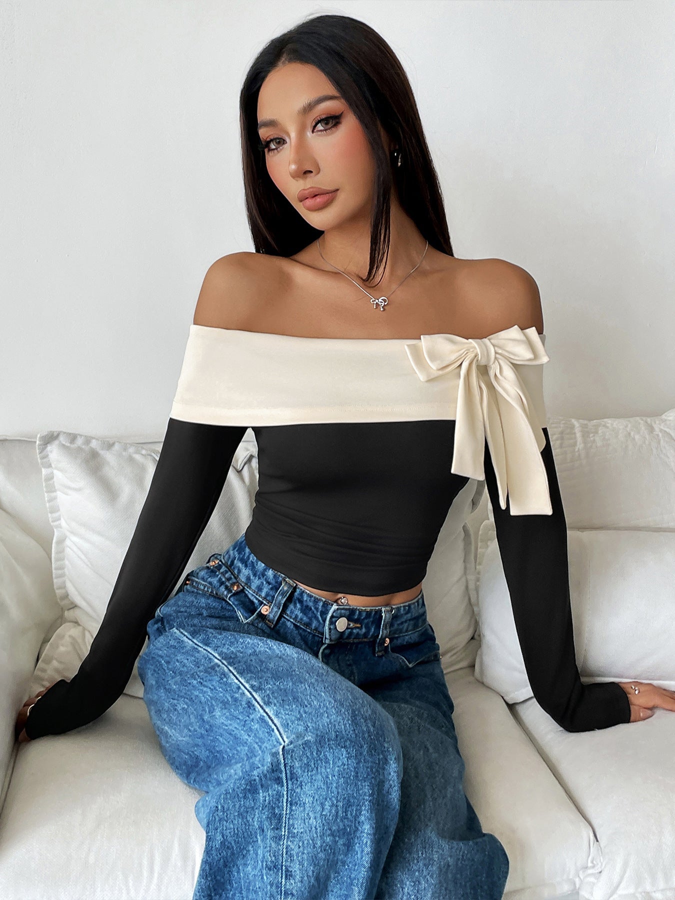 The Marga Satin Bow Off-Shoulder Top
